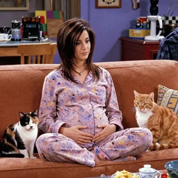 a pregnant emo rocker chick sitting in her pajamas on the couch surrounded by her calico cat and orange tabby cat in Monica and Rachel's apartment from Friends, pointilism, highly detailed, painted by Paul Signac