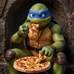 film still of a ninja turtle sitting in a sewer about to eat a peanut butter and gumball pizza in the new teenage mutant ninja turtles movie, 4 k