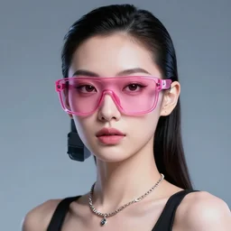a woman with pink glasses and a necklace, cyberpunk art by Ilya Kuvshinov, behance contest winner, retrofuturism, retrowave, synthwave, darksynth