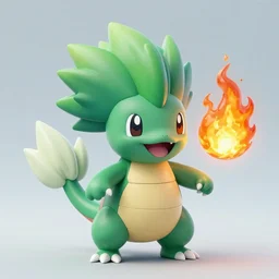 a cute little grass type pokemon, green fire bursting out of his hair, highly detailed digital art, 3 d perspective, award - winning illustration, aesthetic, smooth, pokemon style, made by yuka morii and aaron blaise