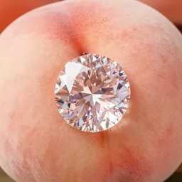 high angle view of a a beautiful large ( peach color ) diamond nestled in a ( delicious ripe juicy ) peach that is on a cutting board, bright 6 5 0 0 k product lighting, refraction, 8 k, 4 k, high quality, digital art
