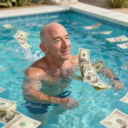 jeff bezos swimming in a pool of cash, 4 k, photography, ray tracing, octane render, extremely detailed, digital art, trending on artstation, greg rutkowski