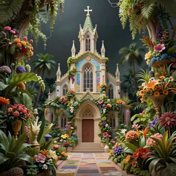 a church filled with lots of plants and flowers, a detailed matte painting by david lachapelle, unsplash contest winner, maximalism, sanctuary, made of flowers, ornate, rendered in unreal engine