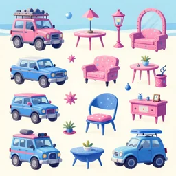 game asset of seaside vehicles mechanic furniture and decoration, big medium small, in gouache detailed paintings, props, stylized, 2 d sprites, kitbash, arcane, overwatch, blue and pink color scheme, 8 k, close up