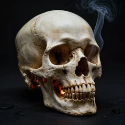 a skull made of smoke, studio, black background, embers, extremely detailed