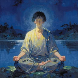 Man meditating over a lake of dreams, nihonga style painting