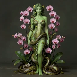 a beautiful green woman, symmetrical portrait, realistic, full body, pink orchids, snake twist, rich details, by artgerm