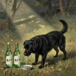 a black dog drinking soju by leo lionni