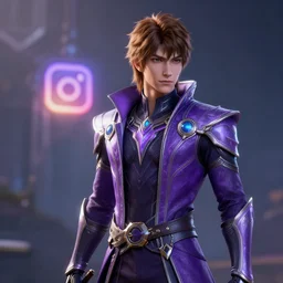 solo young male mage + brown hair + purple futuristic clothes, instagram, unreal engine 5, wallpaper, 8 k, ultra detailed, realistic photo, artstation