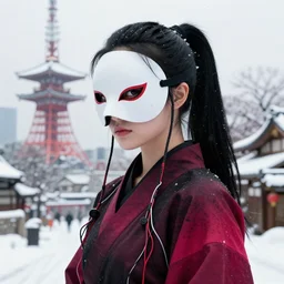 highly detailed portrait of long ponytail black hair ninja mask girl, stray wiring by atey ghailan, james gilleard, by joe fenton, by greg rutkowski, by greg tocchini, by kaethe butcher, 4 k resolution, gradient red, magenta, black and white color scheme!!! ( ( snowy ancient japan tokyo tower background ) )