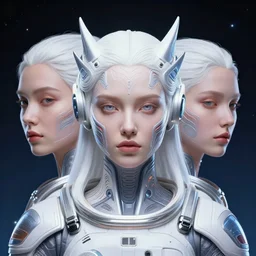 portrait of yael shelbia, kang seul - gi and josie lane, venus squid astronaut, white hair, intricate design details. cyberpunk symmetrical facial, by ruan jia and beeple. smooth gradients, deep space.