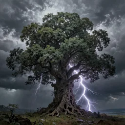 a beautiful painting of a huge tree of storm, foliage made of stormy clouds and lightnings, epic, fantasy, high definition, cinematic shot, natural volumetric light, matte painting, artstation, ultra detailed, 8 k