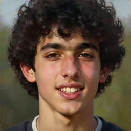 oil painting by ilya kuvshinov, baugh casey, rhads, coby whitmore, of a youthful persian - indian college student, male, handsome, high cheekbones, large sensual mouth, big teeth, curly black hair, outdoors, highly detailed, breathtaking face, studio photography, dawn, intense subsurface scattering, blush, supple look, innocence, intense sunlight