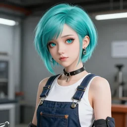 a beautiful androgynous punk girl with short turquoise hair who is a mechanic wearing overalls, digital illustration, digital concept art, digital painting, decorative hangar background with spaceships and rockets, trending on artstation