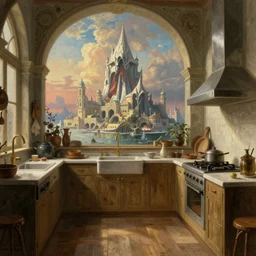 a beautiful ultradetailed painting of city kitchen by canaletto, bioshock crystal assassin's creed dramatic lighting architecture island nature, archdaily, wallpaper, highly detailed, trending on artstation.