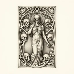detailed realistic memento mori etching by a. andrew gonzalez, gothic ornament, skulls, bones, art nouveau, neogothic, ornate art nouveau botanicals, horizontal symmetry
