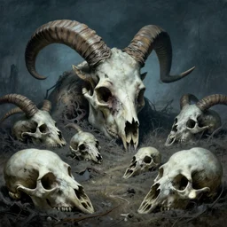 wasteland of malformed mammal skulls, Zdzislaw Beksinski, Wayne Barlowe, Joe Fenton, gothic, cosmic horror, dystopian, biomorphic, lovecraftian, amazing details, cold hue's