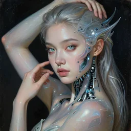 mural of an organic cyborg princess, robotic enhancements, beautiful muse, piercing glowing eyes, stunning gaze, beautiful young woman, synth, synthetic bio skin, futuristic translucent pearlescent skin, diffuse lighting, space opera, intricate, elegant, highly detailed,smooth, sharp focus, vogue poses, striking composition, vivid details, beautiful composition, painting in the style of caravaggio, albrecth durer, 8k