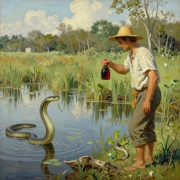 Snake oil salesman searching the swamps of Formosa, painting by Roger Dean, painting by Naomi Okubo