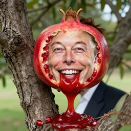 elon musk!!! smiling face seen in a pomegranate about to burst, leaking disgusting ketchup, growing from tree