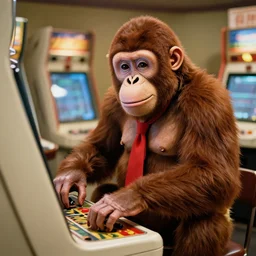 photo of a large brown ape with a great smile wearing a red tie, playing at an old arcade cabinet