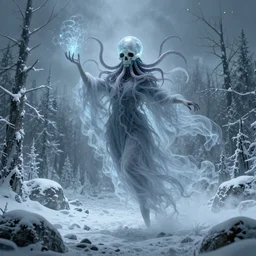 concept designs of an ethereal ghostly wraith like figure with a squid like parasite latched onto its transparent skull and long tentacle arms that flow lazily but gracefully at its sides like a cloak while it floats around a frozen rocky tundra in the snow searching for lost souls and that hides amongst the frosted trees, this character has hydrokinesis and electrokinesis for the franchise Bloodborne in the style of arcane the series on netflix