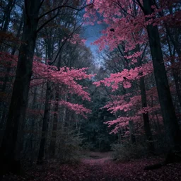 lush forest with pink leaves, birds, jakub rozalski, high detail, dramatic lighting, nightsky, stars