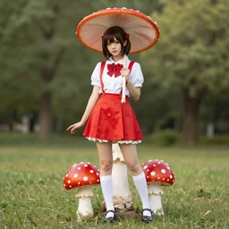 girl cosplaying as fly agaric, fly agaric cosplay, full shot, concept art, natural lighting, illustration, full color, highly detailed, photorealistic, by greg rutkowski, artstation,