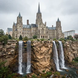stunning city of stone on a sandstone cliff, gothic revival architecture, waterfalls, in the rain, by marc simonetti, natural volumetric lighting, realistic 4k octane beautifully detailed render, 4k post-processing
