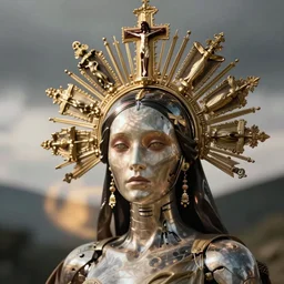 a beautiful cyborg made of catholic symbols ceremonial maske