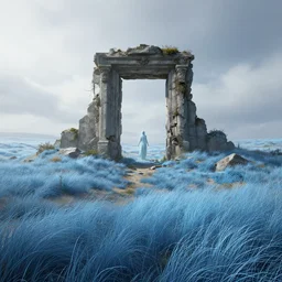a beautiful render of scandinavian landscape, by greg rutkowski, cgsociety, unreal engine, octane render, withered ancient portal, windswept seafoamblue grass dunes, fantasy, pale ghost figure of a beautiful moth girl far