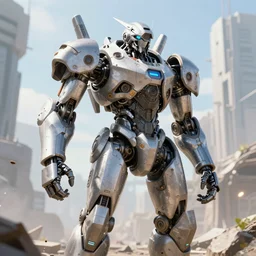 a futurecore boxing humanoid mecha in ruin city, bright, by real steel ( 2 0 1 1 ), eve venture, raymond swanland, cryengine, post apocalyptic, mechanical structure, unreal engine 5, artstation, sharp focus, 8 k realistic, hyper detailed, bright, background by greg rutkowski and james jean, concept design, ray tracing, realistic shaded