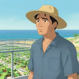a farmer looking concerned, a vertical farm near an ocean in the background, by will eisner