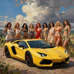 a surreal colourful painting of a lamborghini surrounded by very very impressive female models