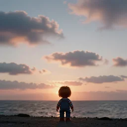sunset clouds with an ocean in the background and a tiny screaming chucky doll ashore by greg rutkowski cinematic 3 5 mm film