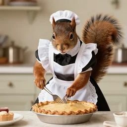 candid photo of a squirrel wearing maid outfit cooking a pie, photographed by annie leibovitz