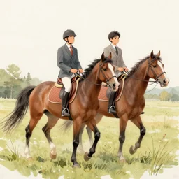 sketch of a two brothers riding horse through a field,