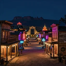 A street-level view of a magical wild-west town at night with wooden buildings and colorful neon lights and mesas in the distance; beautiful, dangerous, detailed, best on artstation, cgsociety, wlop, cosmic, epic, stunning, gorgeous, masterpiece