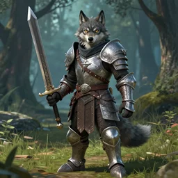 furry anthro digital video game screenshot of an anthropomorphic wolf holding a large sword medieval guard wearing a set of armor standing in the forest in background in the The Elder Scrolls V: Skyrim