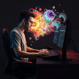 man with grey t - shirt and black pants on working on the computer with a kinesis keyboard with his head exploding with colorful fractal ideas, octane render, 4 k