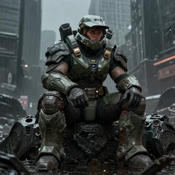 character portrait of a big bulky female warrior wearing mjolnir armor from halo infinite sitting down in a desolate city, 8 k, ultra realistic, matte painting, moody lighting, good value control, sharp focus, wet, rain, john singer sargent, william - adolphe bouguereau, masami suda