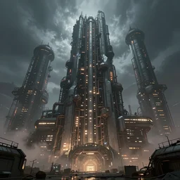 an epic render of a massive cyberpunk factory building with lights, volumetric light, fog, trending on artstation
