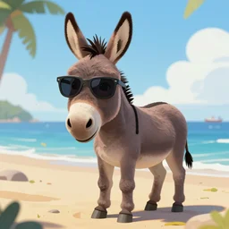 A donkey wearing cool sunglasses at the beach, digital art, in the style of mbsjq, artstation