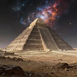 a desolate landscape with an ancient alien pyramid in the distance, cosmic, interstellar, vivid sky, digital art, matte painting, concept art, intricate, epic, depth, artstation, Noah Bradley, Greg Rutkowski, highly detailed, mysterious, octane render, 8k,