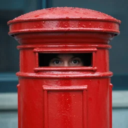 a pair of eyes inside a red pillarbox waiting to eat someone