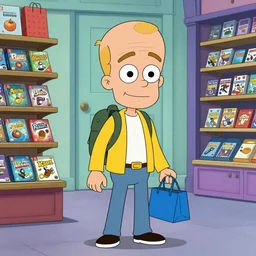 Baldi from Baldi's Basics shopping for video games in London in the style of a 90's era cartoon.