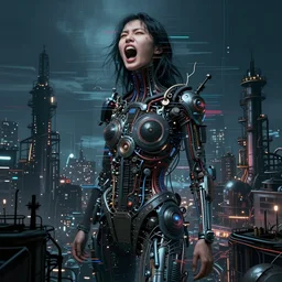 screaming asian woman, industrial city, night, glitch art, abstract expression, towering, sprawling, deep sea cyberpunk, ultra realistic, biomorphic electronics, dark moody, intricate details, artifacts, breathtaking skies, highly detail, michael cheval, peter mohrbacher, jessica rossier, archdaily