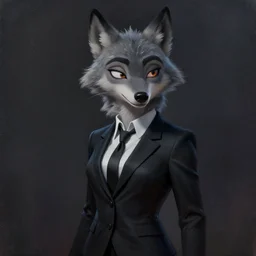 dark oil painting of anthromorphic female wolf, in style of zootopia, zootopia, zootopia, fursona, furry, furaffinity, 4 k, deviantart, furry art, fursona art, wearing black business suit, business suit, in style of zootopia, wolf fursona, cyberpunk, female, very very very expressive detailed feminine face,