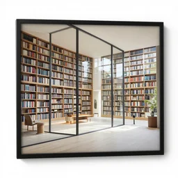 a beautiful print of the interior of a modern home library in a room with tall glass windows, plants everywhere, night outside, ambient light by Raphael, Hopper, and Rene Magritte. detailed, romantic, enchanting, trending on artstation