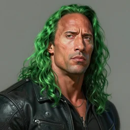 portrait of dwayne johnson, long curly green hair, expressive pose, futuristic, highly detailed, digital painting, artstation, concept art, smooth, sharp focus, by quentin tarantino